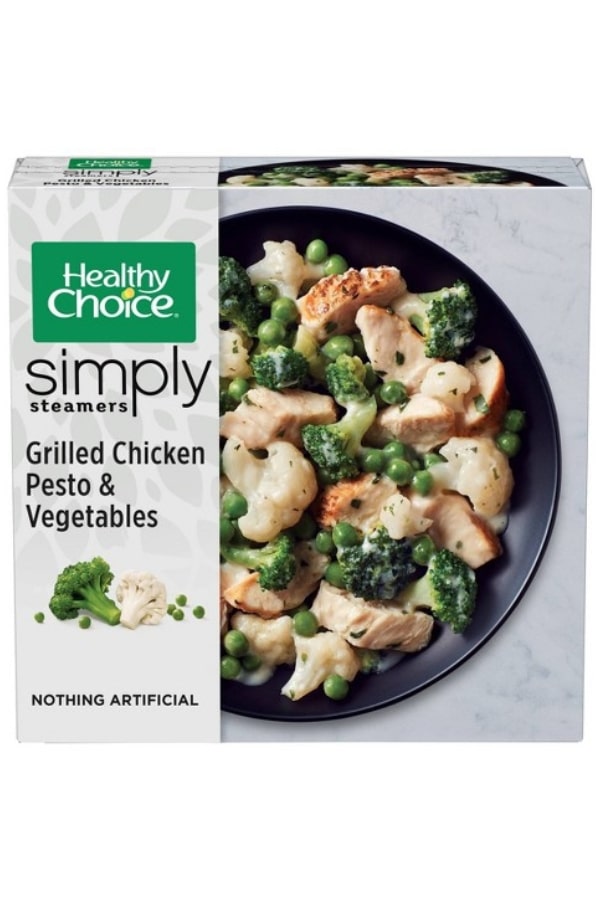 A box of Healthy Choice Simply Steamers Grilled Chicken & Broccoli Alfredo