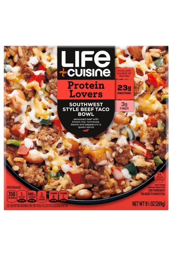 A box Life Cuisine Protein Lovers Southwest Style Beef Taco Bowl.