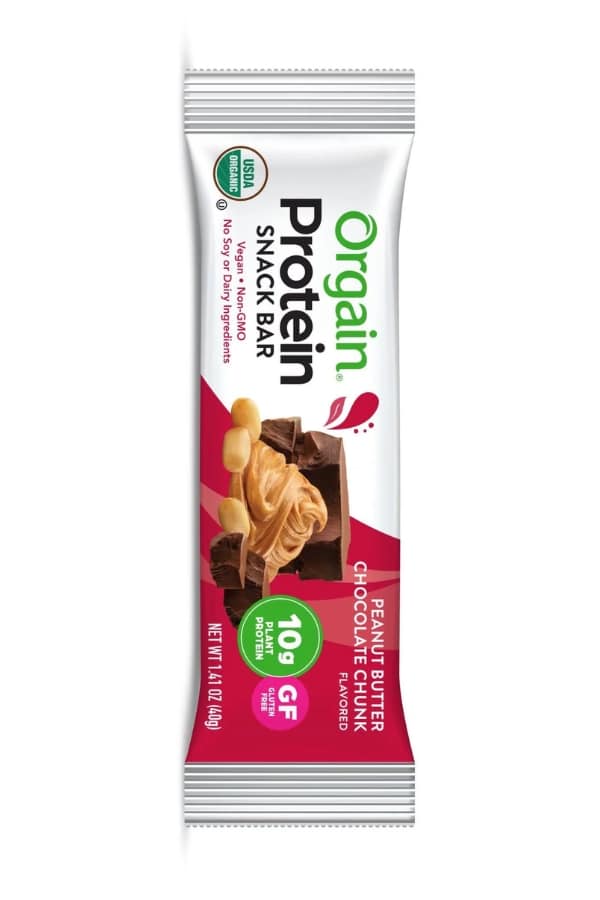 An orgain peanut butter chocolate chunk protein bar.