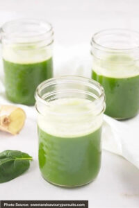 Three glasses of Pineapple Spinach Juice with Ginger.