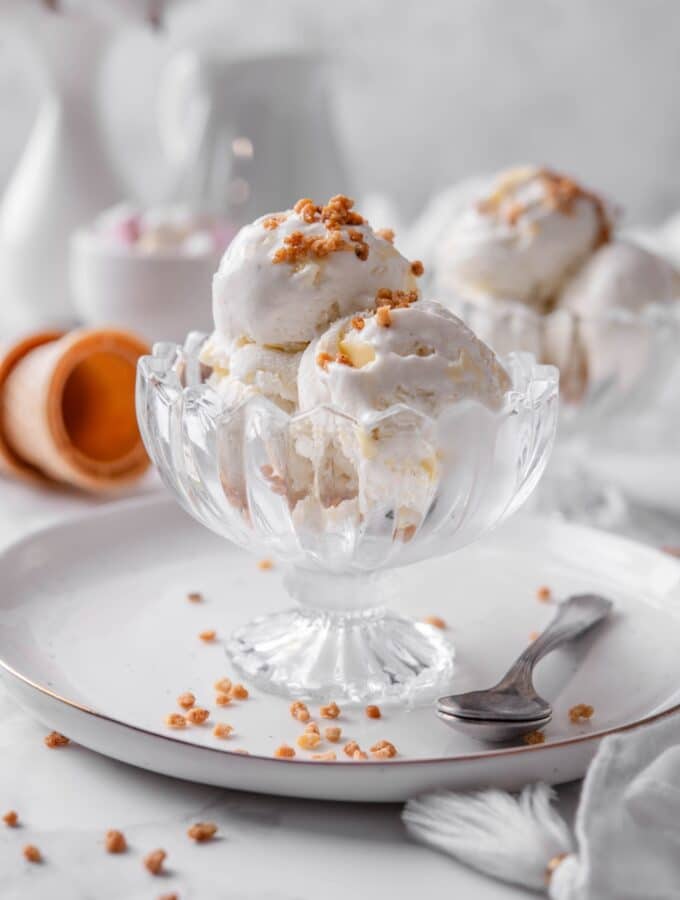 Three scoops of vanilla protein ice cream in a glass sundae bowl on a white plate with a spoon to the side. There are some nuts sprinkled on top.