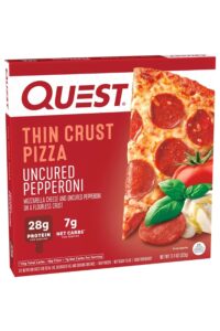 A box of Quest Thin Crust Pizza Uncured Pepperoni.
