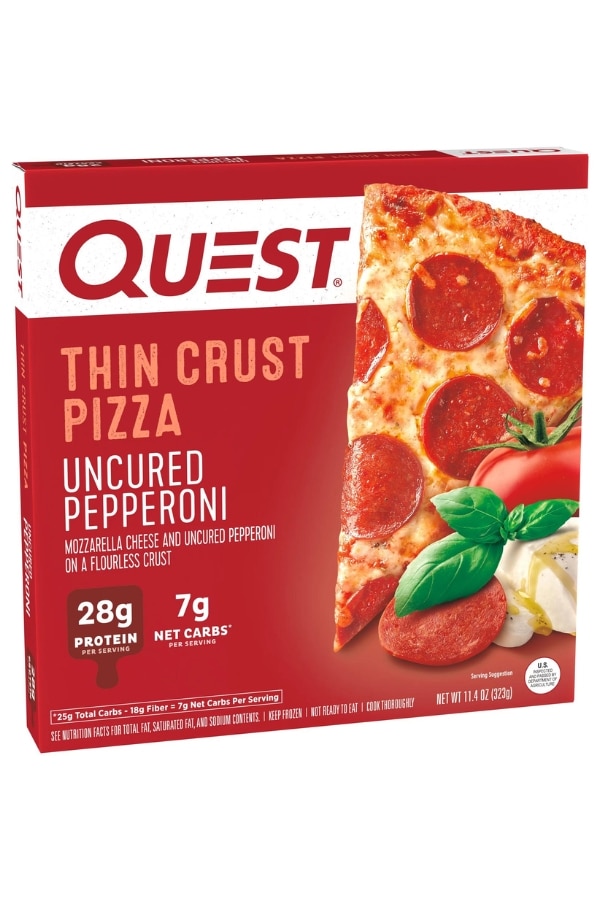 A box of Quest Thin Crust Pizza Uncured Pepperoni.