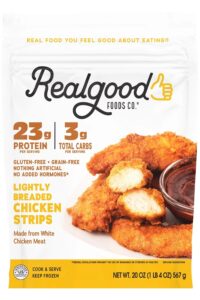 A bag of Realgood Foods Co. Lightly Breaded Chicken Strips.