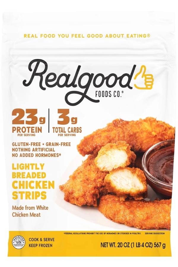 A bag of Realgood Foods Co. Lightly Breaded Chicken Strips.