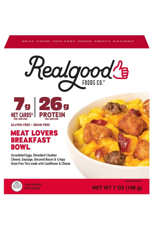 A box Realgood Foods Co. Meat Lovers Breakfast Bowl.