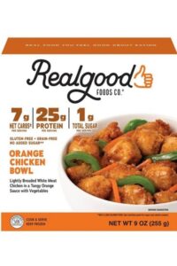 A box of Realgood Foods Co. Orange Chicken Bowl.