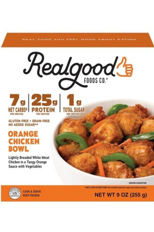 A box of Realgood Foods Co. Orange Chicken Bowl.