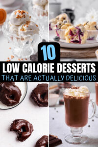 A four way split picture of low calorie ice cream, low calorie blueberry muffins, low calorie hot chocolate, and low calorie chocolate donuts.