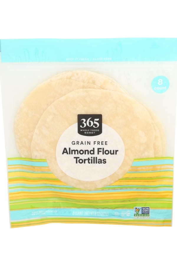 A clear bag of 365 Grain Free Almond Flour Tortillas.
