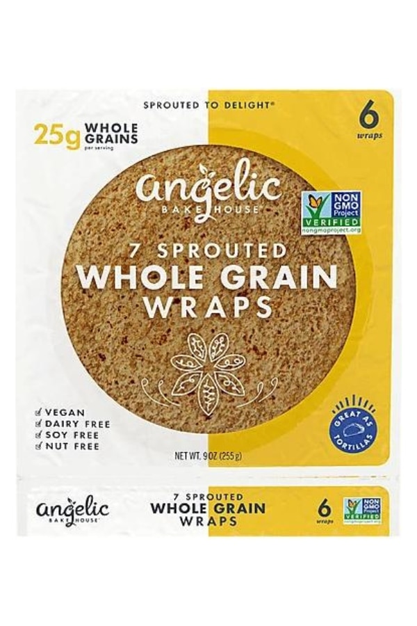 A clear bag of Angelic Bakehouse Sprouted Whole Grain Wraps.