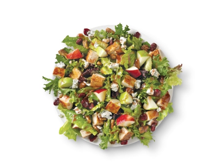 Diced apples, cranberries, croutons, and chicken on top of lettuce.