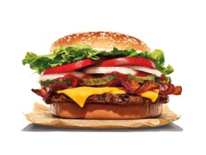 A cheeseburger with lettuce, onion, tomato, pickles, and bacon.