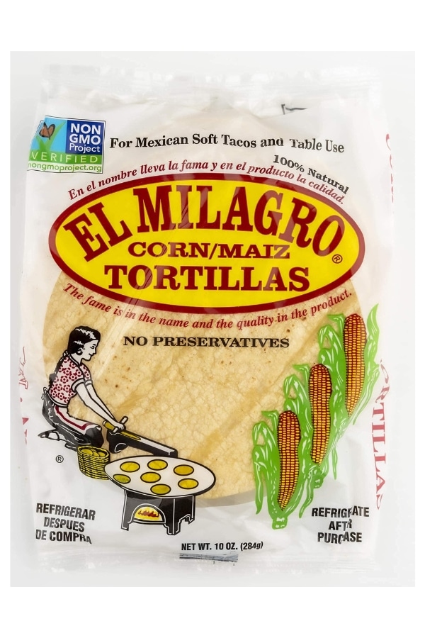 A clear bag of El Milagro Corn Tortillas.