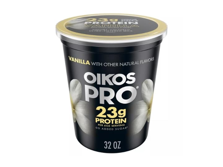 A tub of Oikos pro greek yogurt.