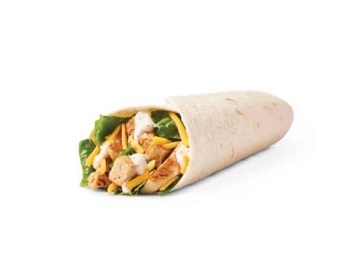 A grilled chicken ranch wrap with cheese.