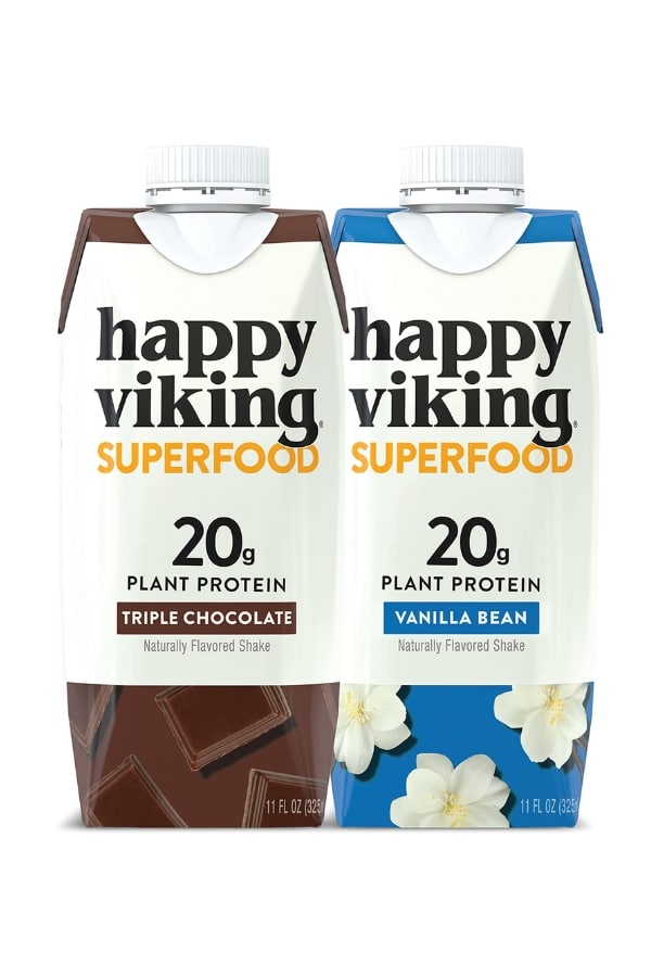 Two bottles of Happy Viking Superfood Plant Protein Shakes.