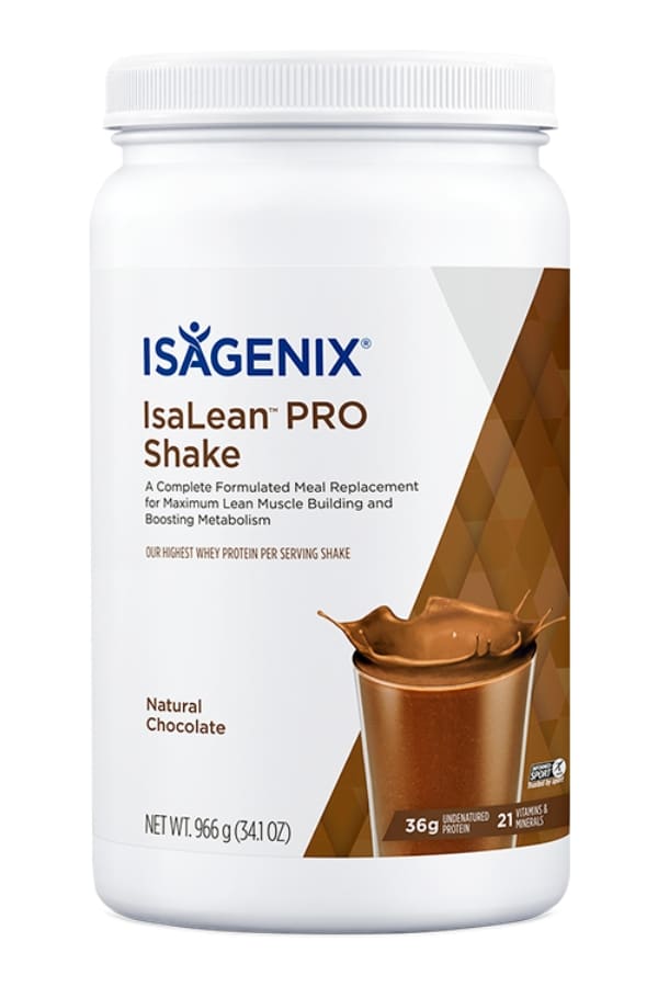 A tub of Isagenix IsaLean Shake.