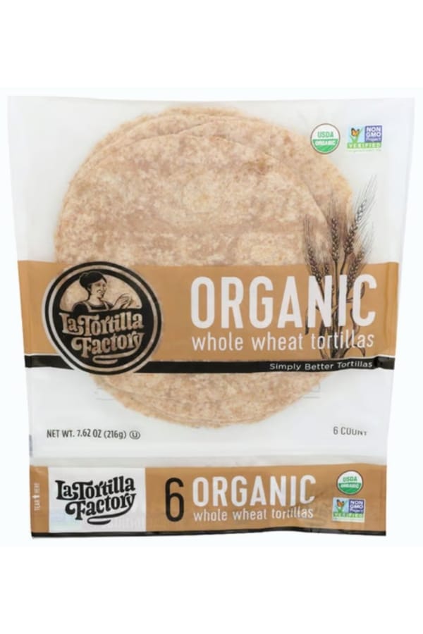 A clear bag of La Tortilla Factory Organic Whole Wheat Tortillas