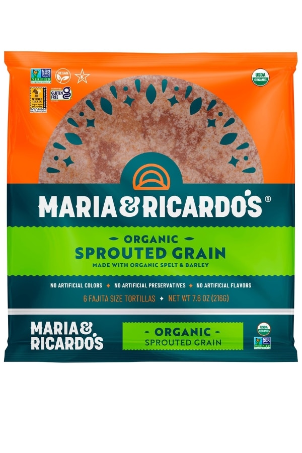 A clear bag of Maria & Ricardo's Organic Sprouted Grain Tortillas.