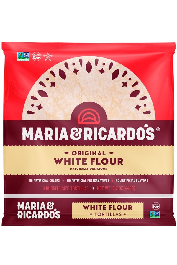 A clear bag of Maria & Ricardo's White Flour Tortillas.