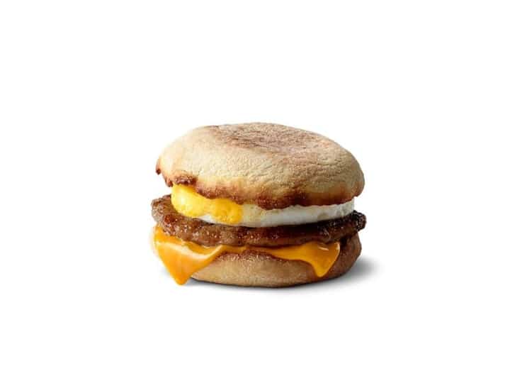 A sausage egg and cheese on an english muffin.