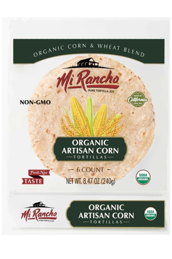 A clear bag of Mi Rancho Organic Artisan Corn Tortillas.