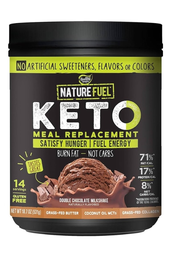 A tub of Nature Fuel Keto Meal Replacement Shake.