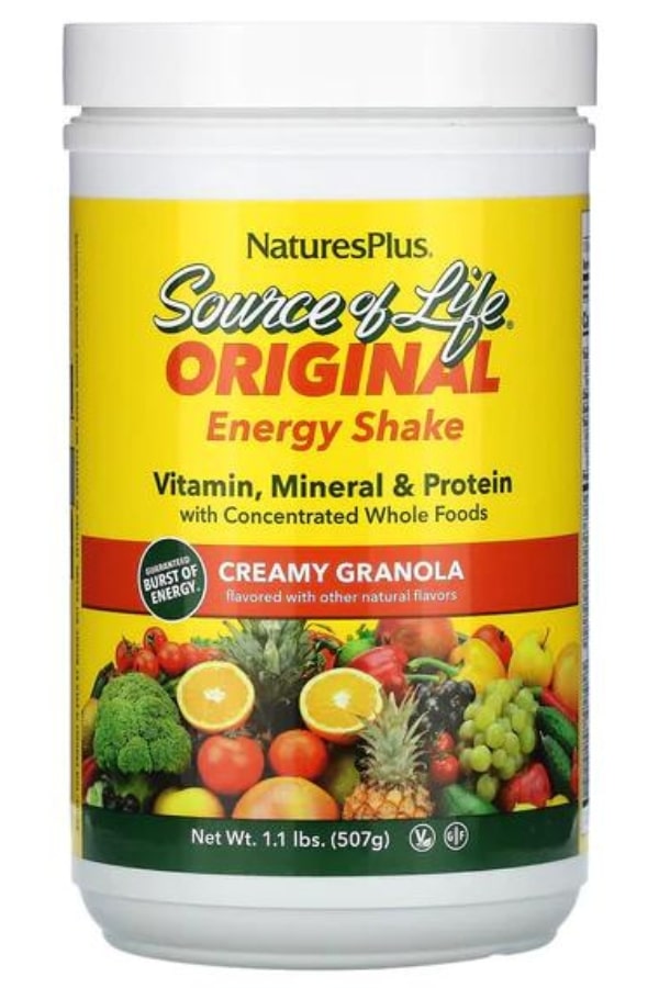 A tub of NaturesPlus Source of Life Energy Shake.