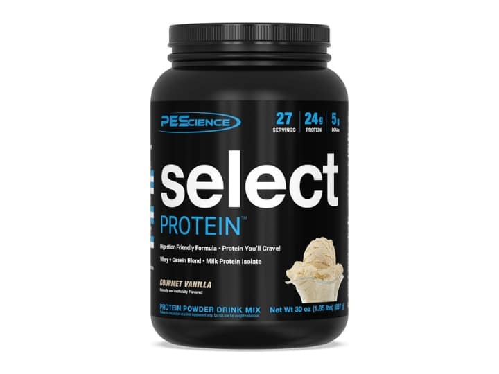 A tub of select vanilla protein powder.