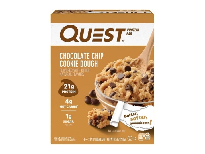 A box of Quest chocolate chip protein bars.