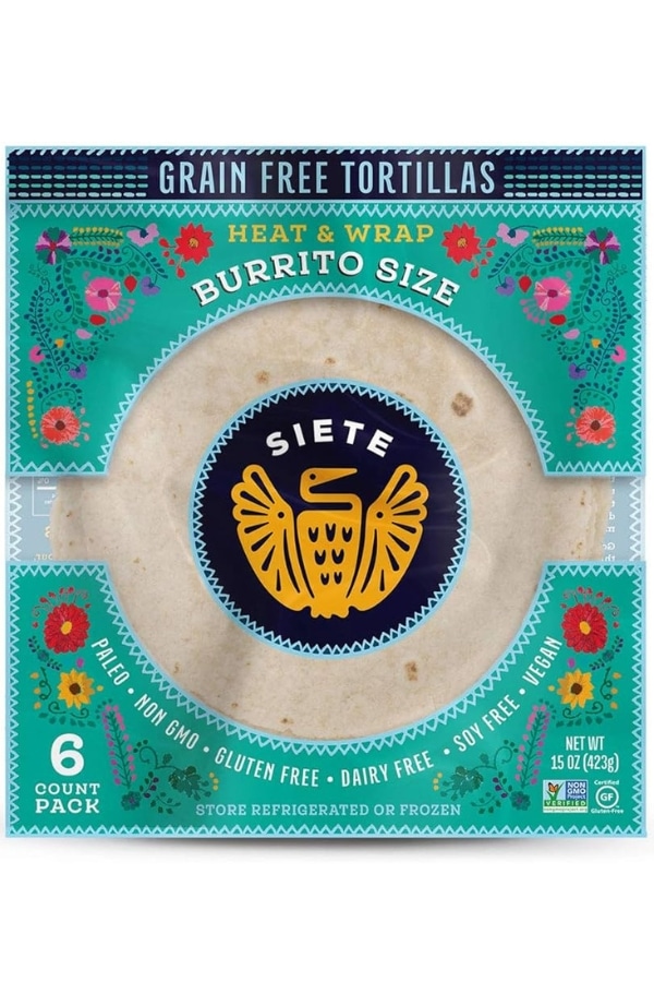 A clear bag of Siete Burrito Size Grain Free Tortillas.