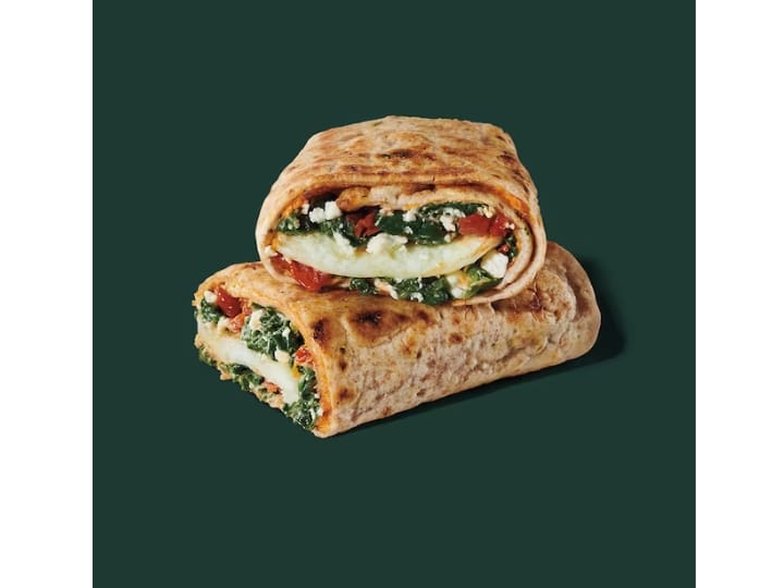 A spinach, feta, egg white breakfast wrap.