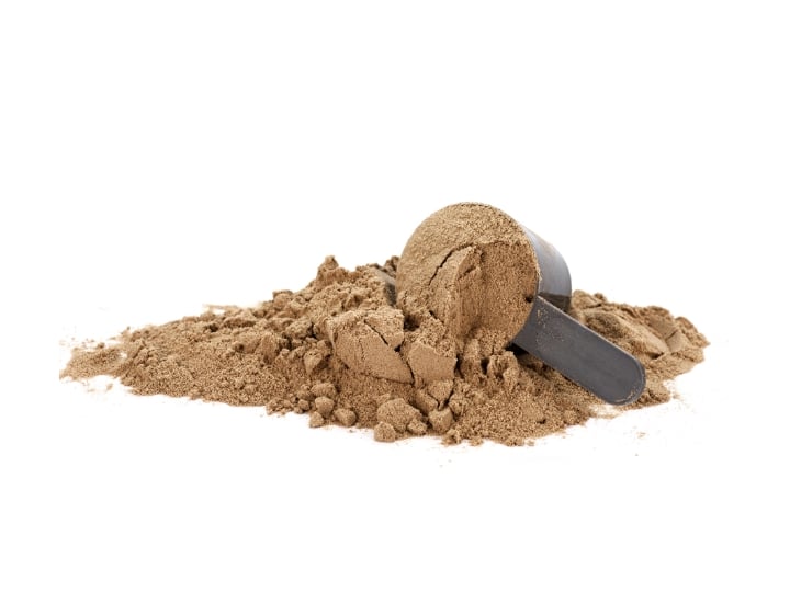 A scoop of chocolate protein powder.