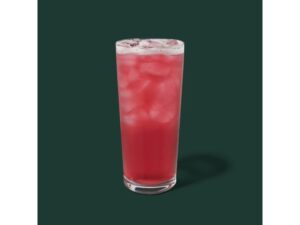 A clear cup of starbucks passion iced tango tea.