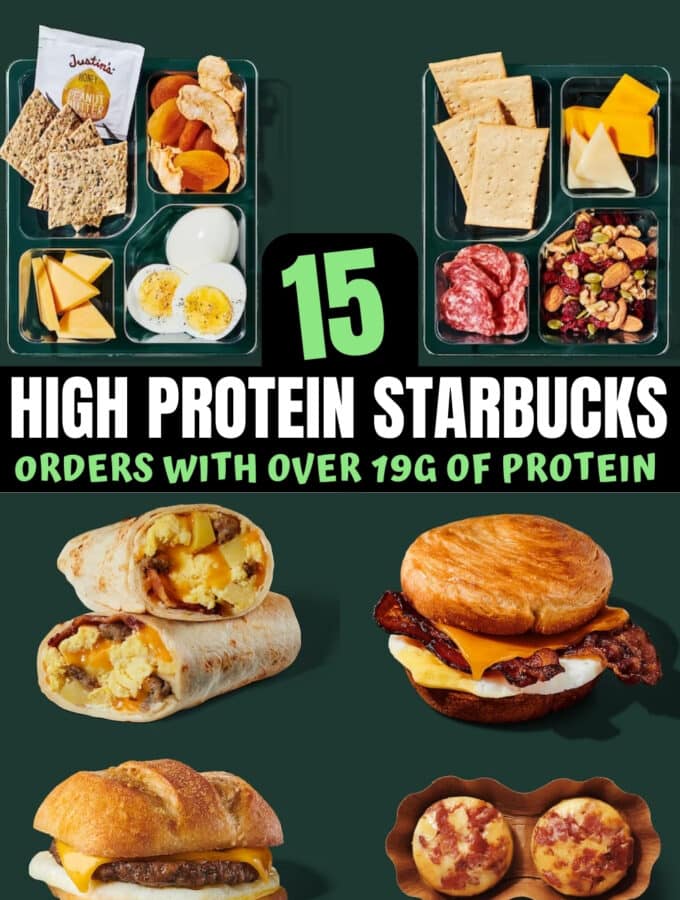 A compilation of high protein Starbucks food options.