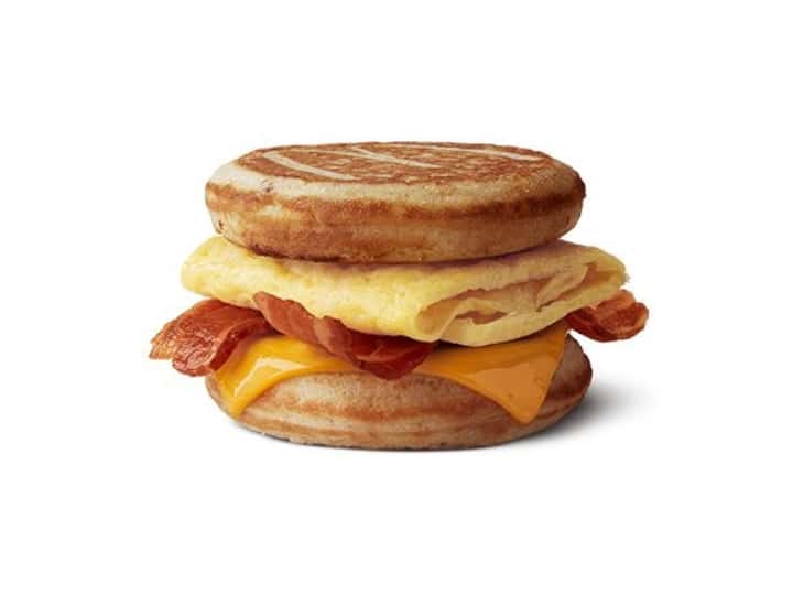 Bacon, egg, and cheese in a sandwich between pancakes