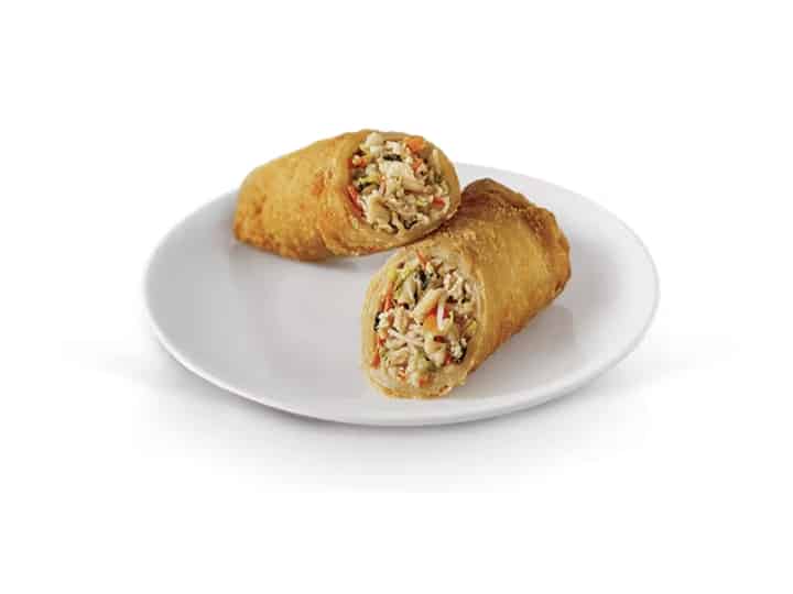 a chicken egg roll cut in half.