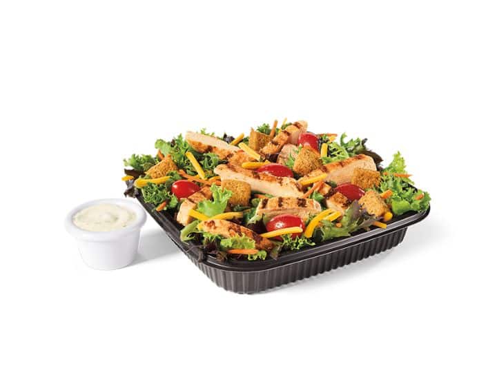 Grilled chicken, lettuce, and tomato in a black salad holder.