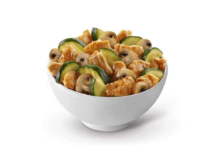 A bowl of mushroom chicken and zucchini.