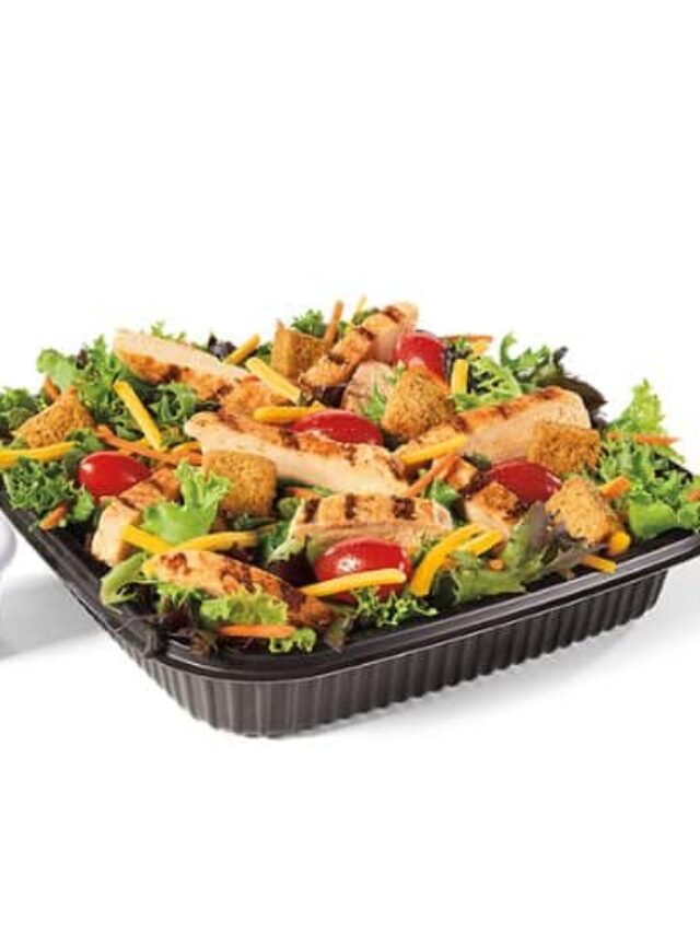 Grilled chicken, lettuce, and tomato in a black salad holder.