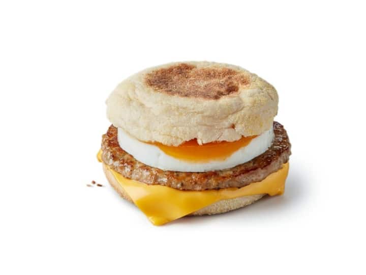 A sausage, egg and cheese breakfast sandwich on an English muffin