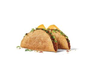 Two ground beef tacos with shredded lettuce.