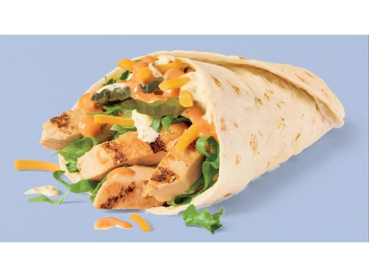 A chicken wrap with lettuce and dressing.