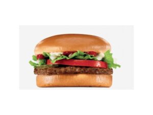 A hamburger with lettuce, tomato, and onion.