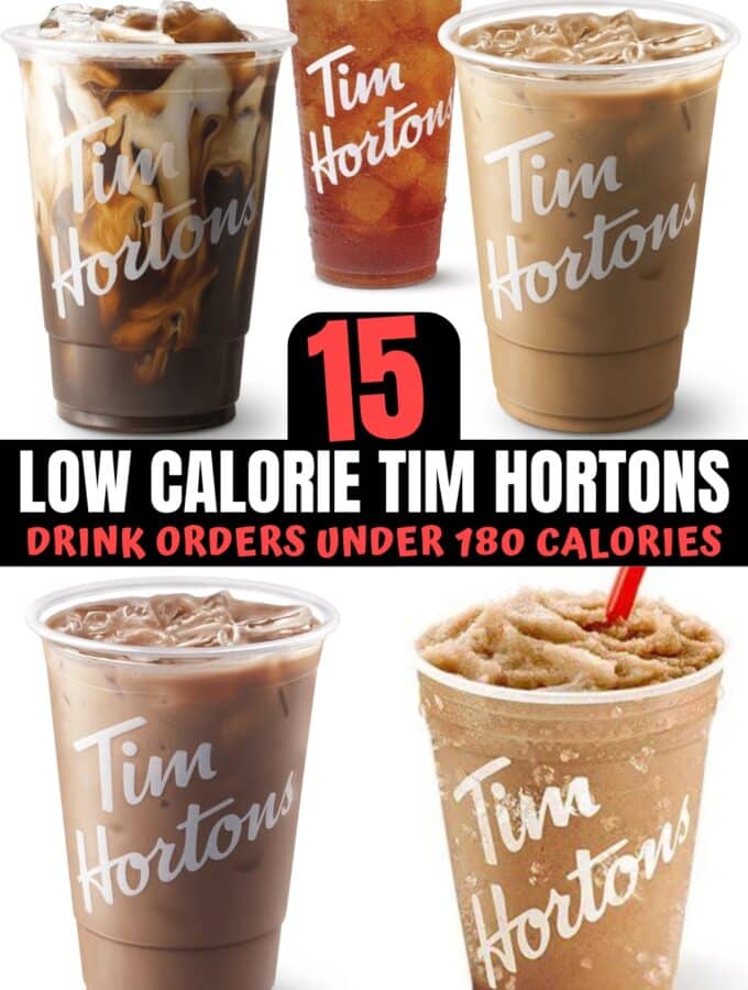 A compilation of low calorie Tim Hortons drinks.