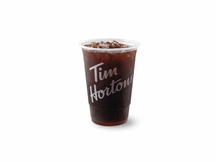 An iced coffee in a Tim Hortons cup.