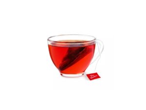 A hot tea in a glass cup.