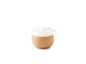 A cappuccino in a glass cup.