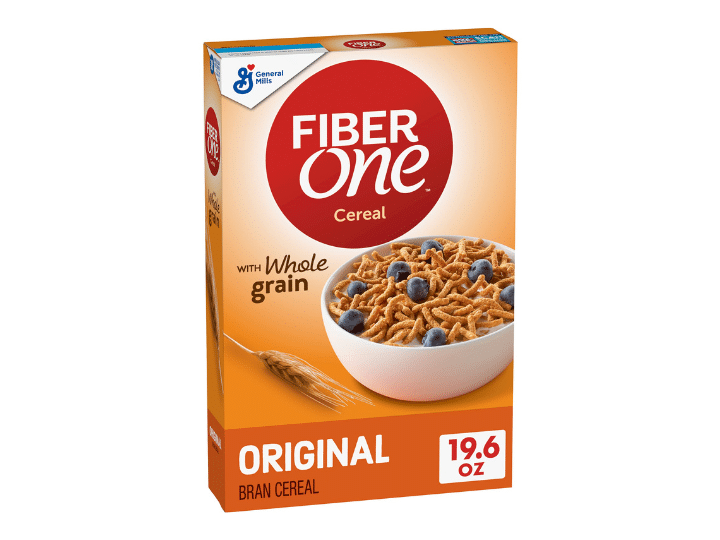 A container of high fiber cereal.